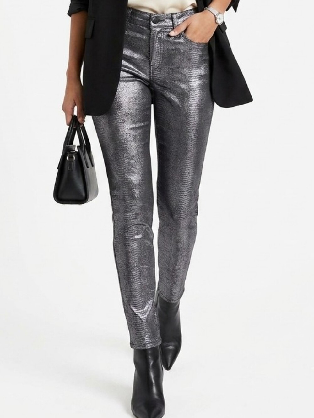 Chico's Metallic Black Silver Skinny Jeans 2